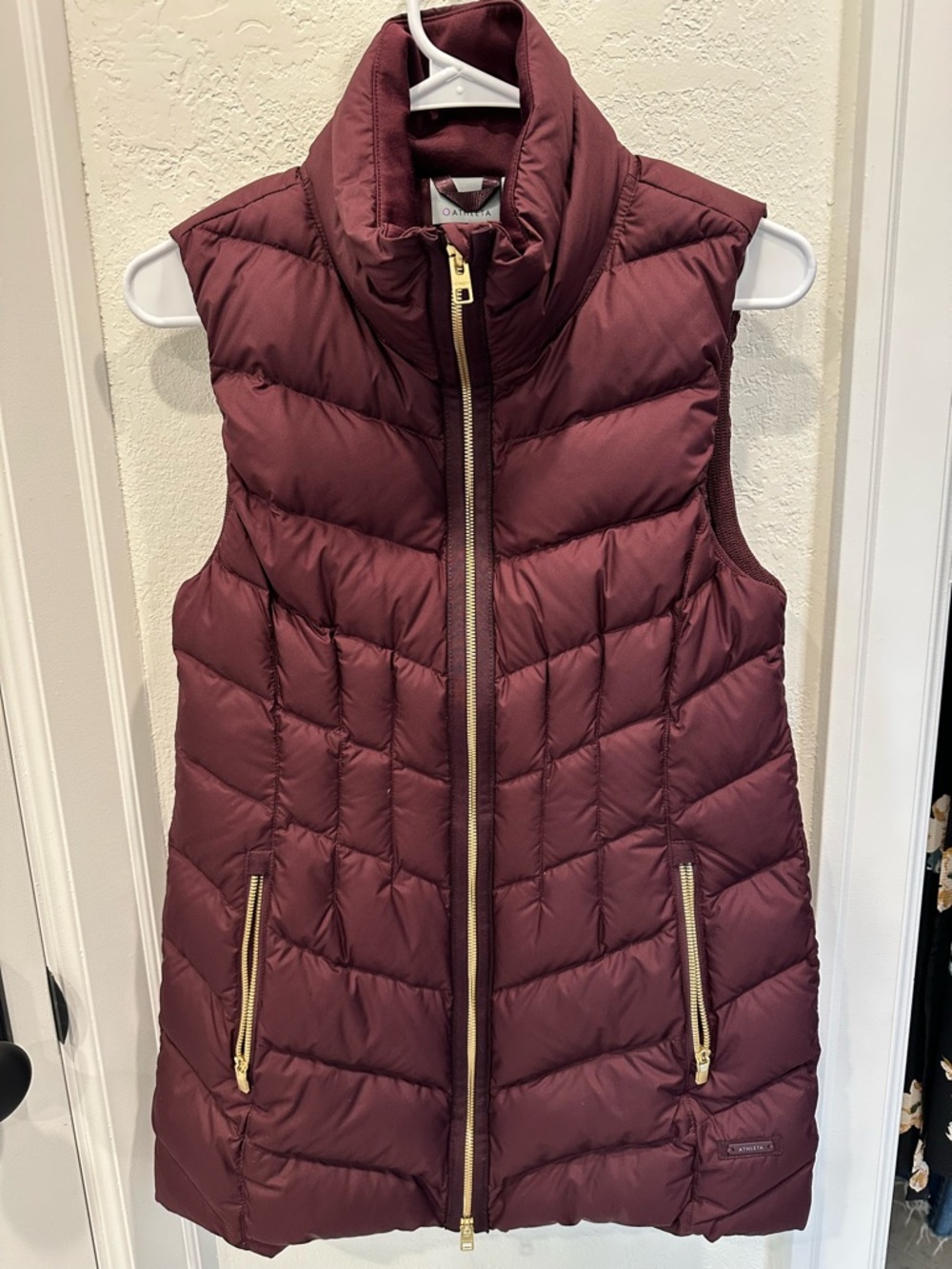 Athleta Quilted Burgundy Puffer Vest with Gold Zippers